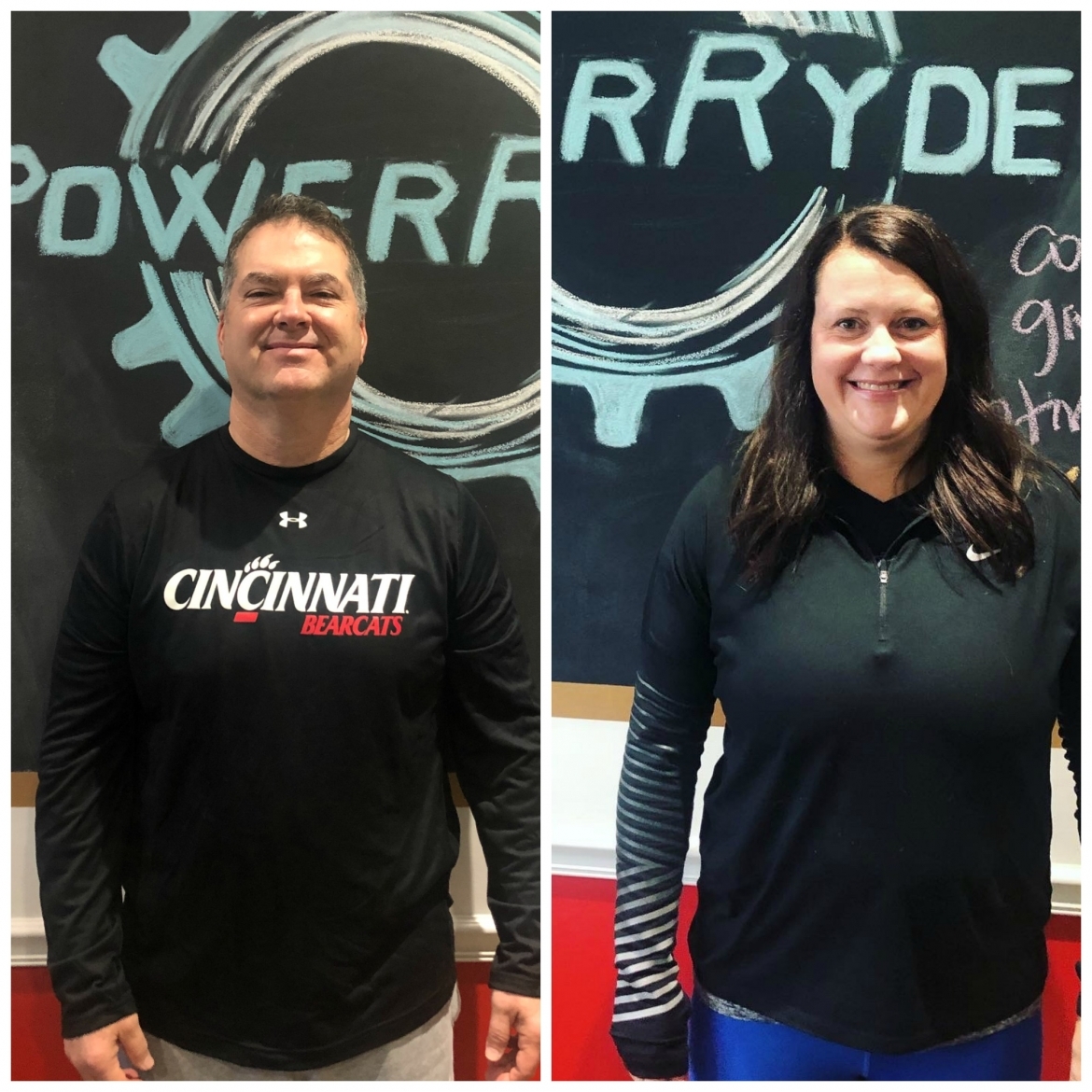 Ellen Cilley and Bob Fasola in front of PowerRyde chalk logo